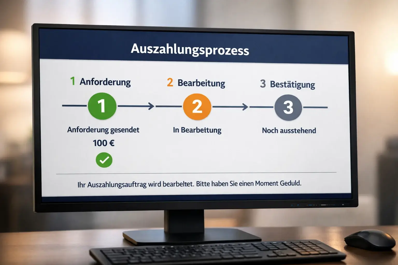 Schritte des Auszahlungsprozesses auf einem Bildschirm