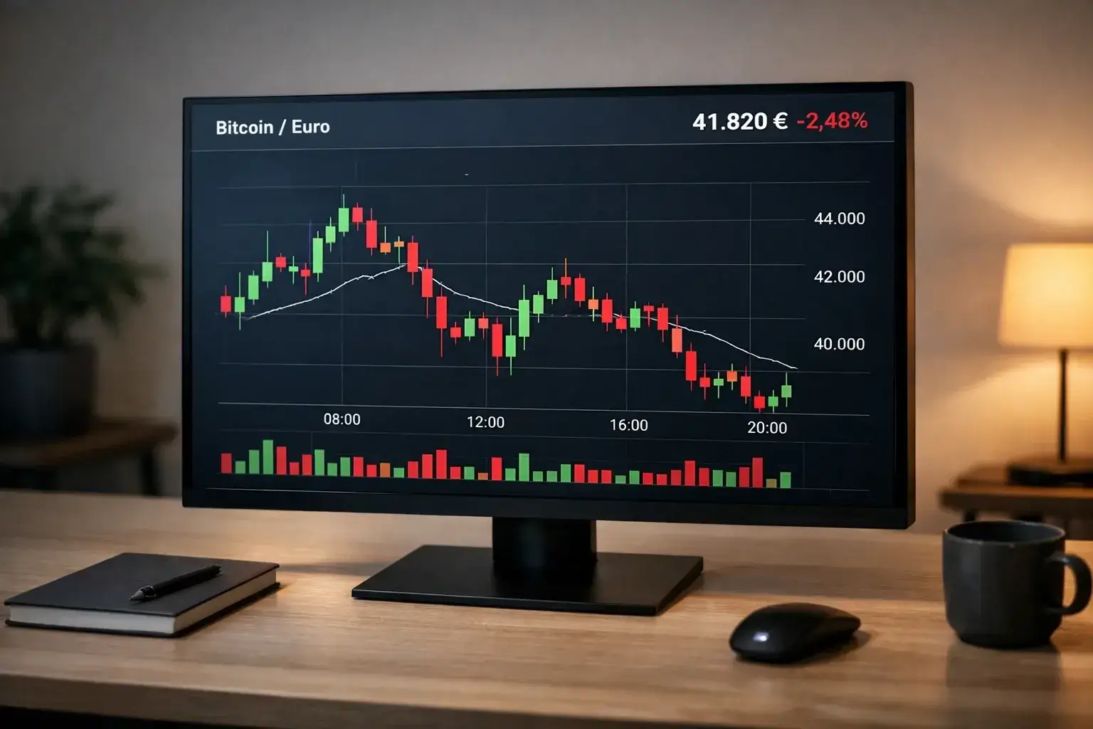 Bitcoin-Kurschart auf einem Computermonitor