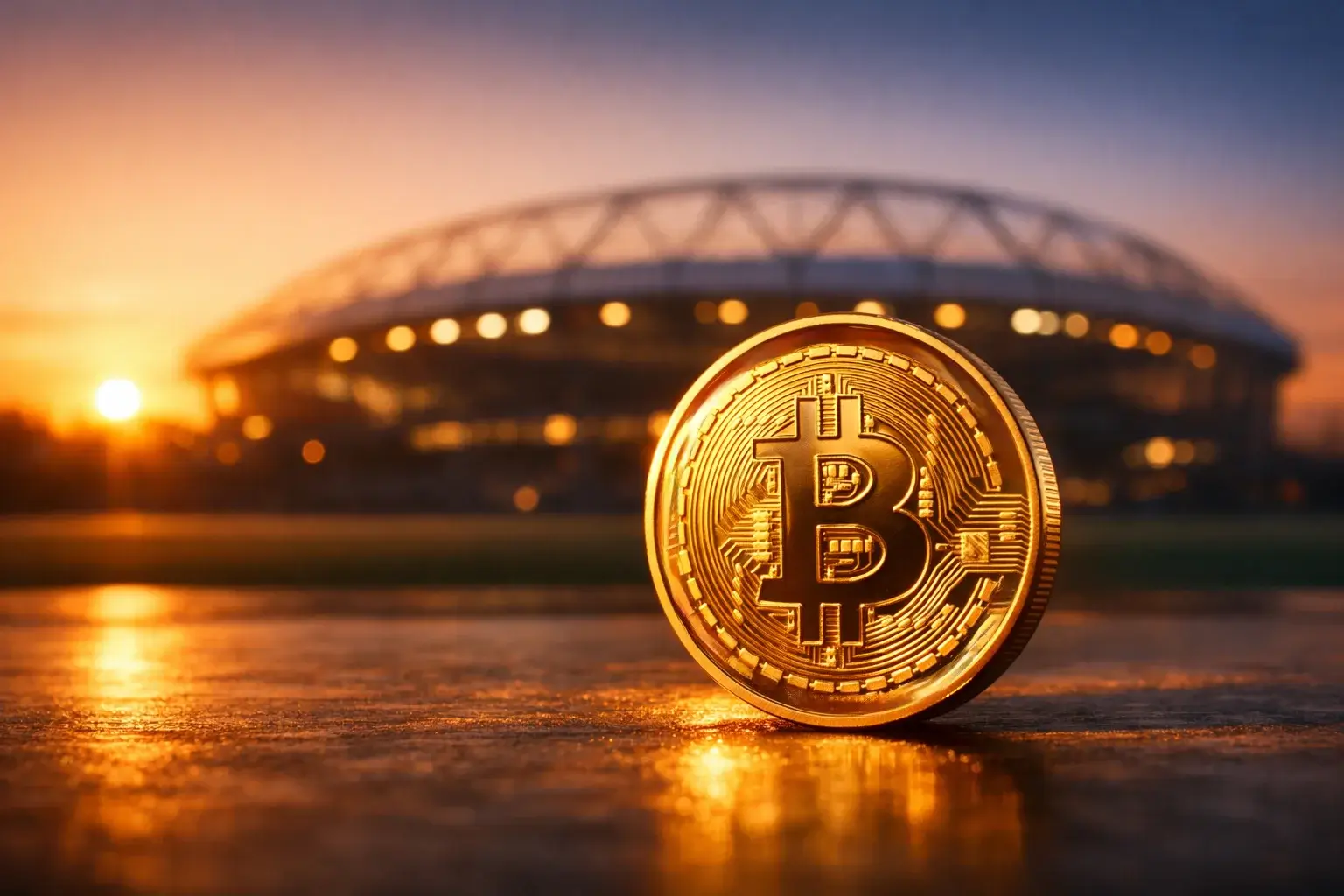 Bitcoin-Münze vor einem Fußballstadion bei Sonnenuntergang