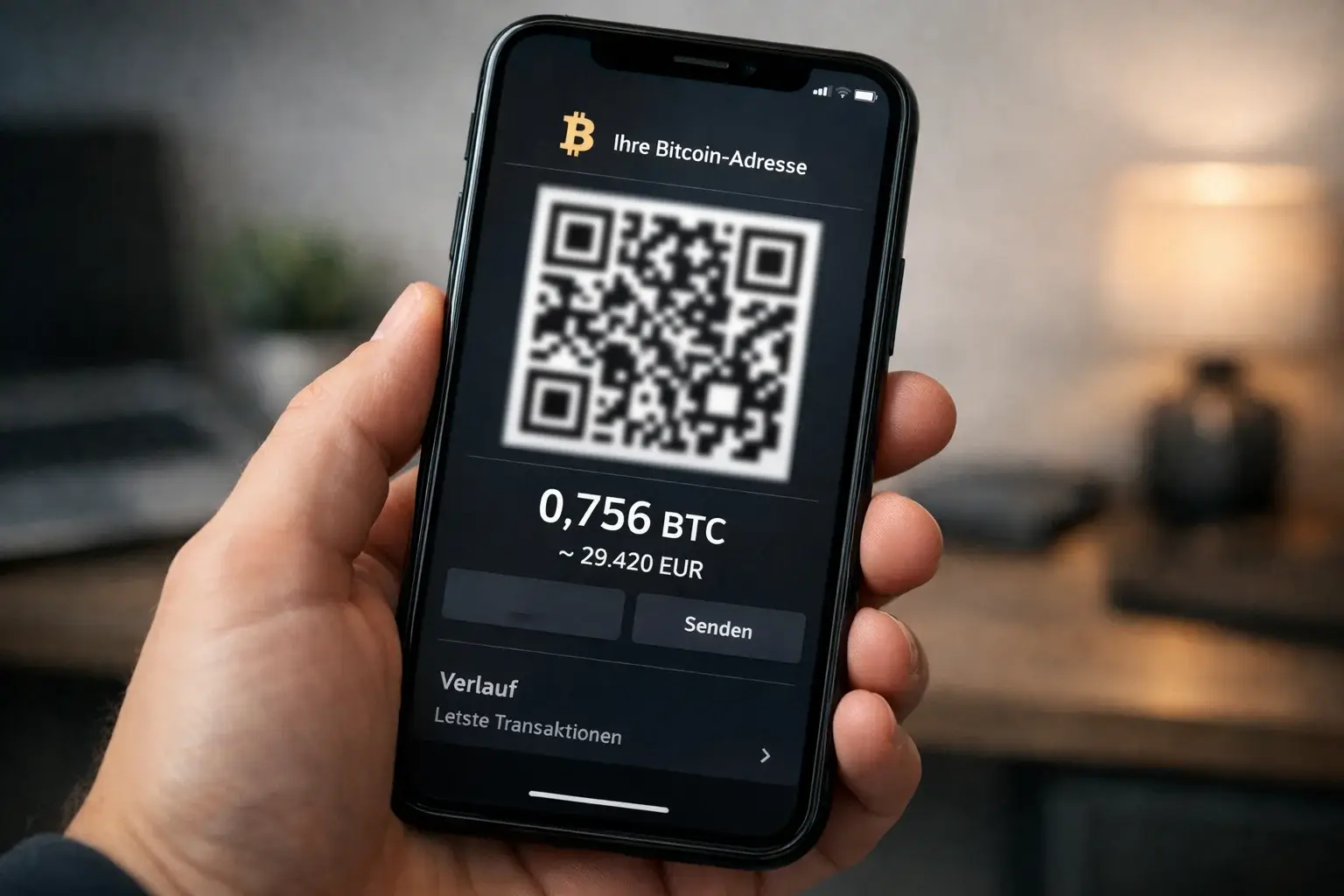 Smartphone mit geöffneter Bitcoin-Wallet-App und QR-Code