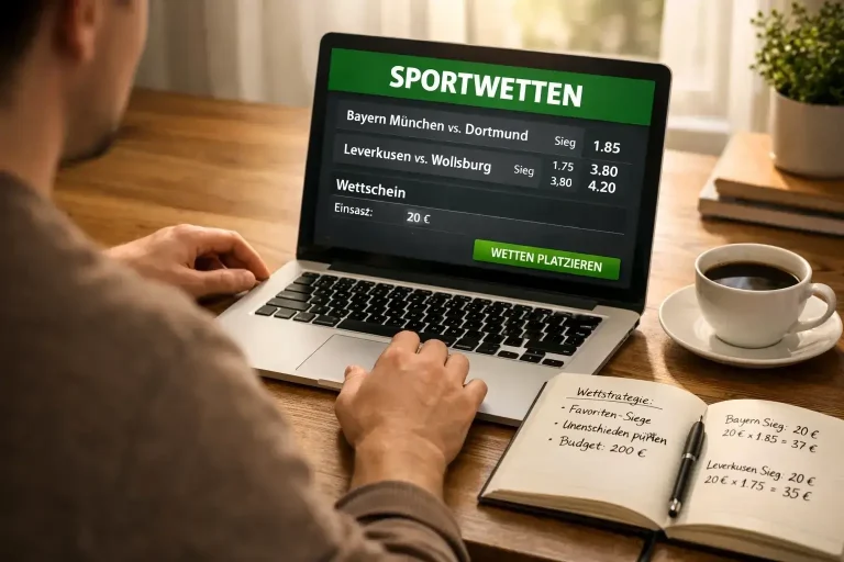 Sichere Bitcoin Sportwetten am Laptop mit Notizbuch
