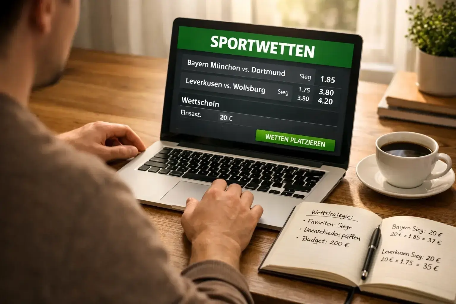 Sichere Bitcoin Sportwetten am Laptop mit Notizbuch