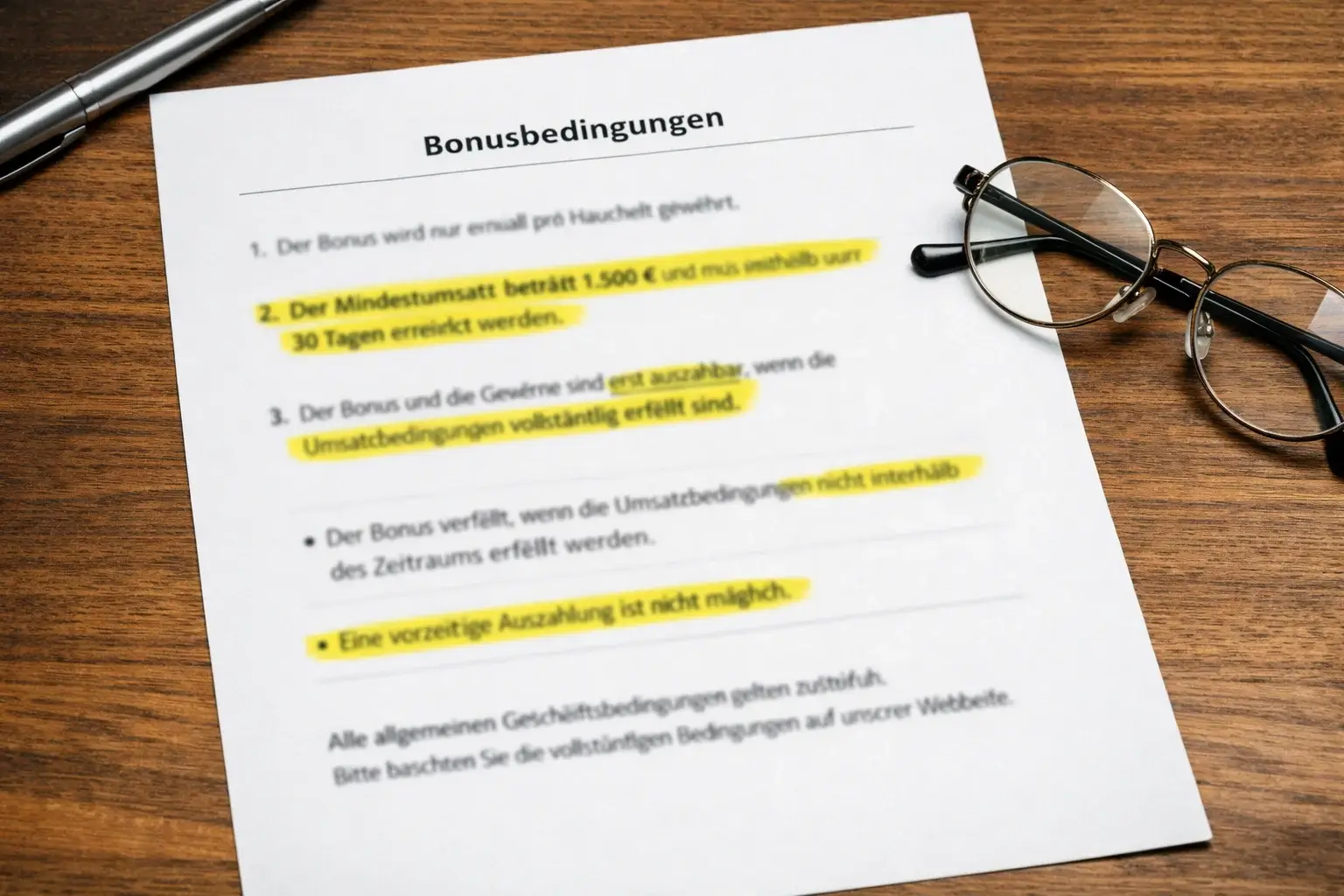 Dokument mit Bonusbedingungen und Textmarker