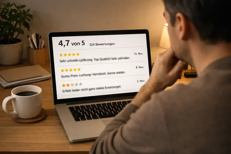 Person liest Bewertungen und Erfahrungsberichte auf dem Laptop