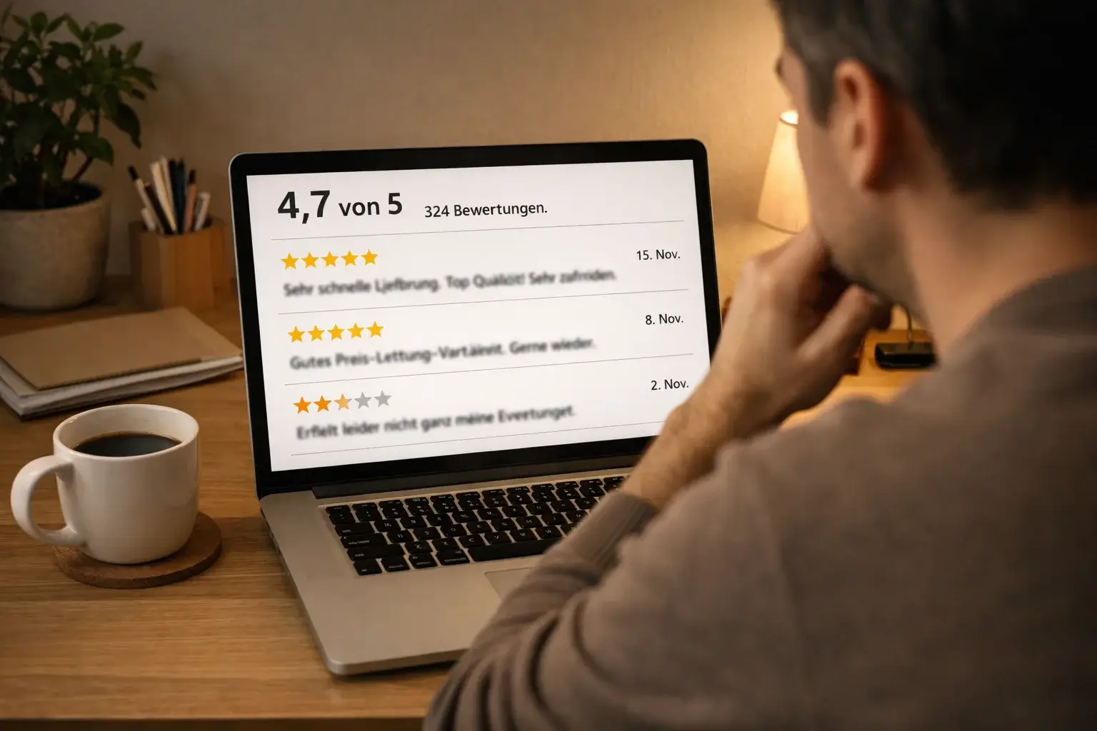 Person liest Bewertungen und Erfahrungsberichte auf dem Laptop