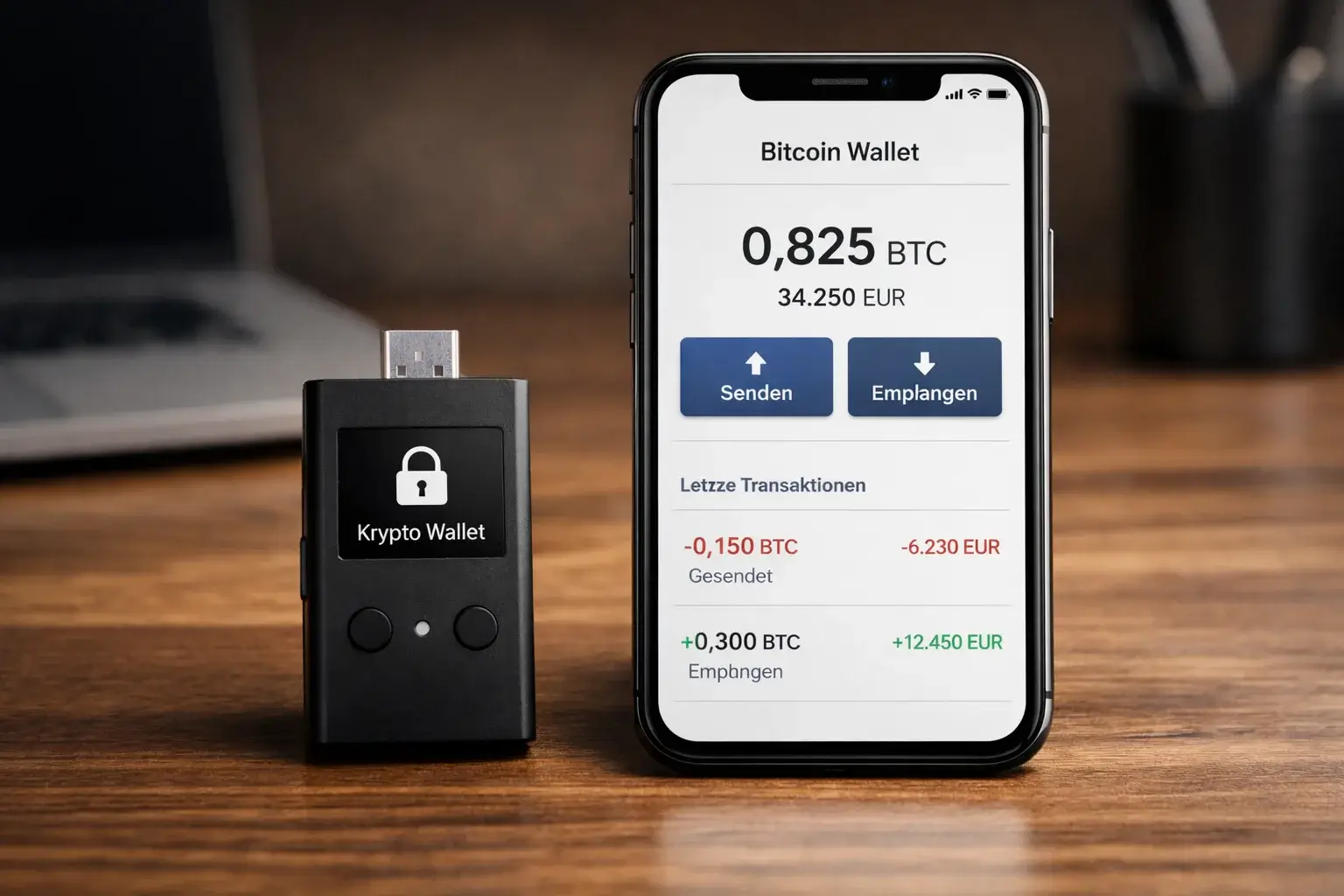 Hardware-Wallet und Smartphone für sichere Bitcoin-Aufbewahrung