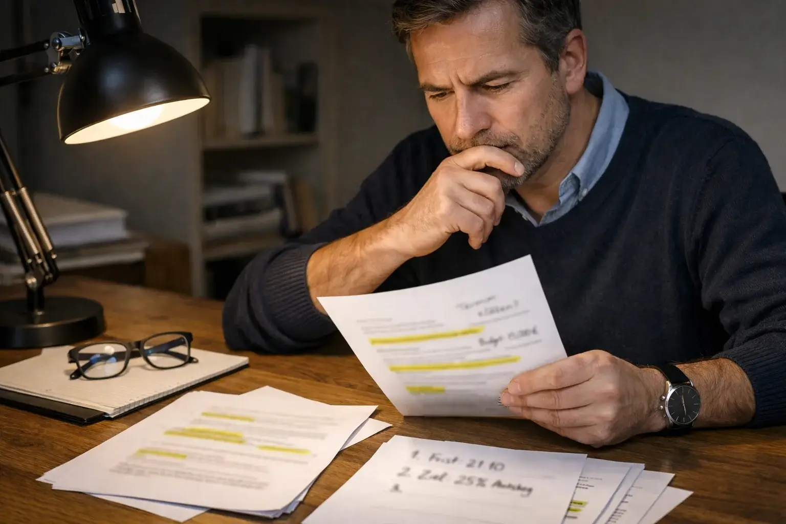 Person analysiert kritisch Bewertungen und Dokumente