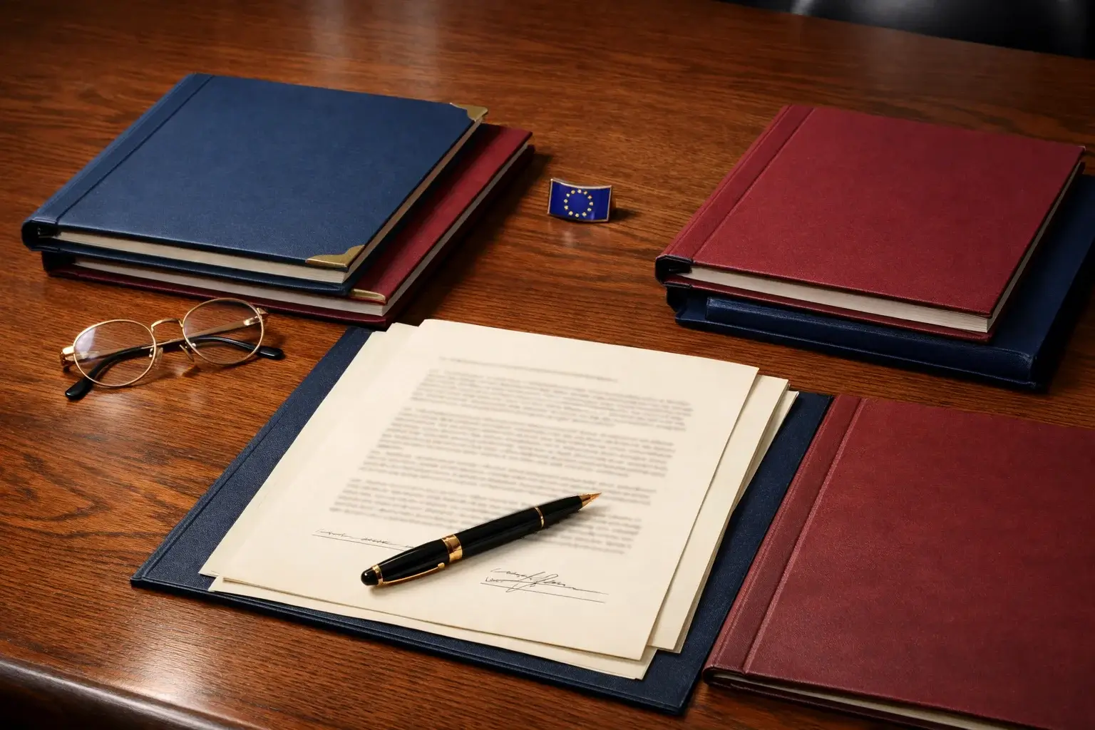 Juristische Dokumente mit EU-Flagge und Gesetzestexten auf einem Holztisch