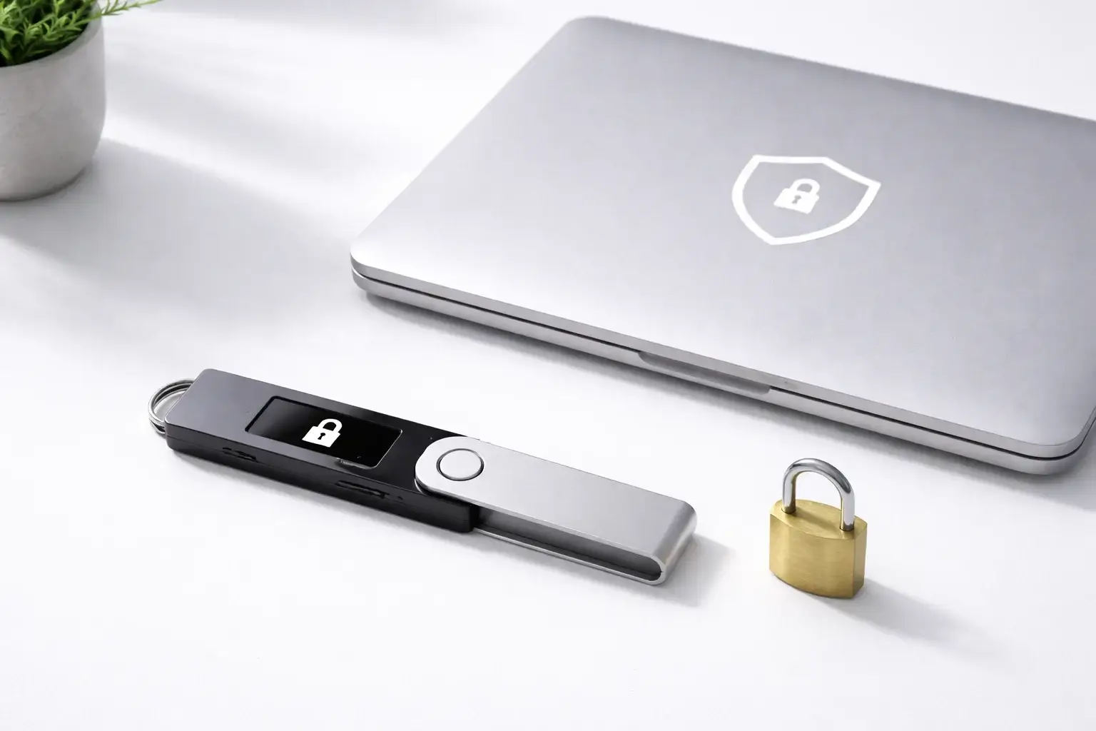 Hardware-Wallet neben einem Laptop mit Sicherheitsschloss-Symbol