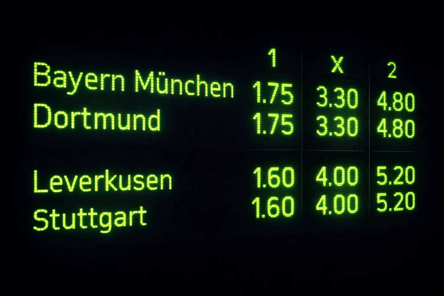 Digitale Anzeige mit Sportwetten-Quoten für ein Fußballspiel