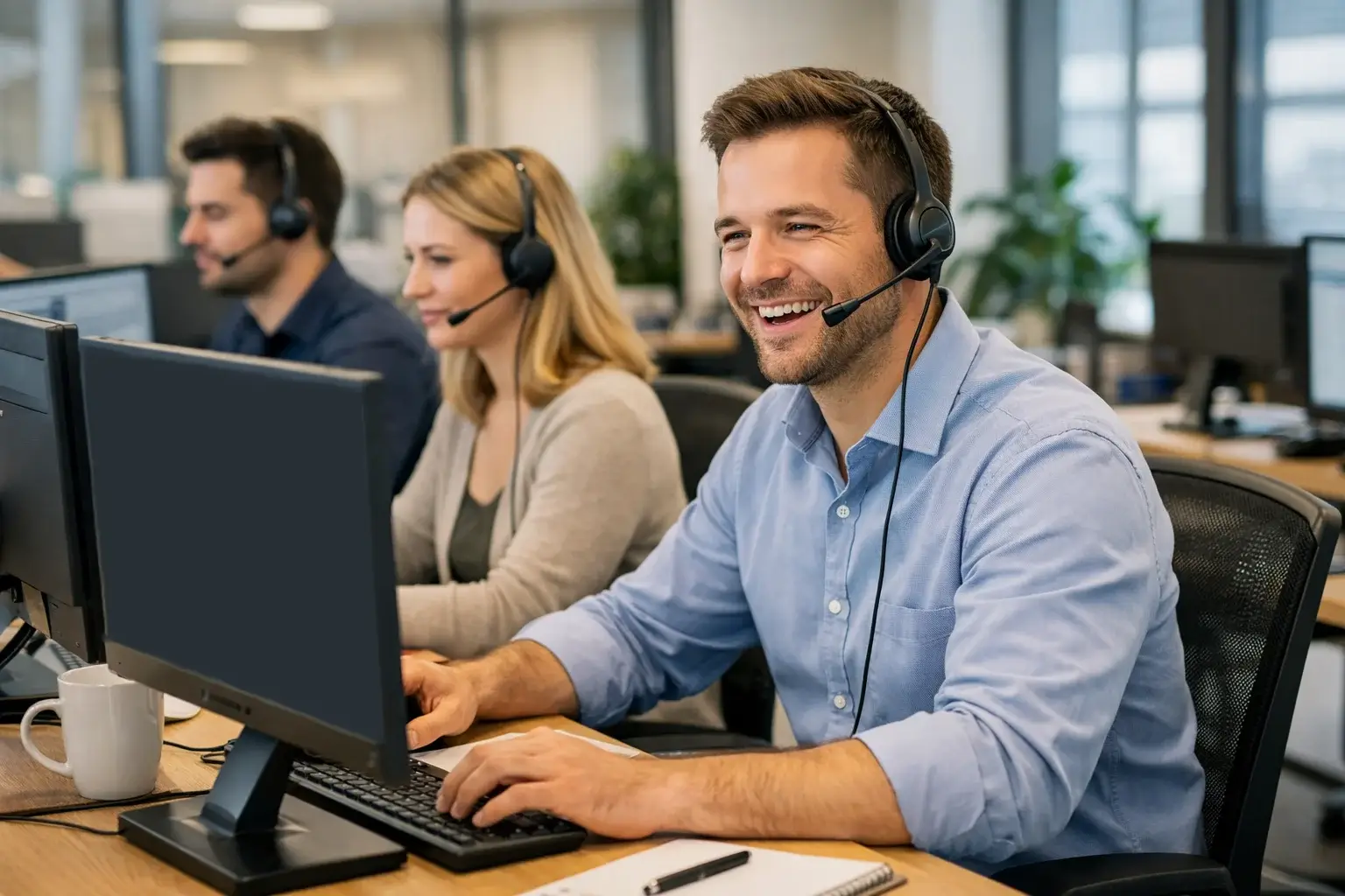 Freundliches Support-Team am Helpdesk mit Headsets