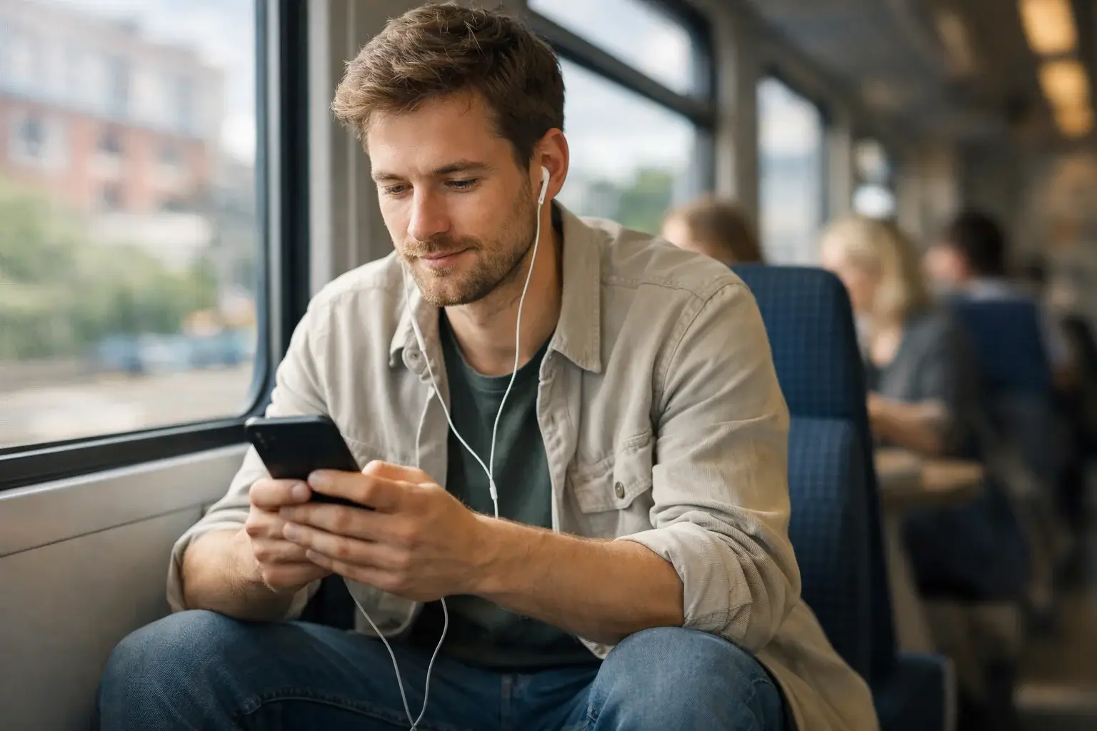 Person wettet unterwegs auf dem Smartphone