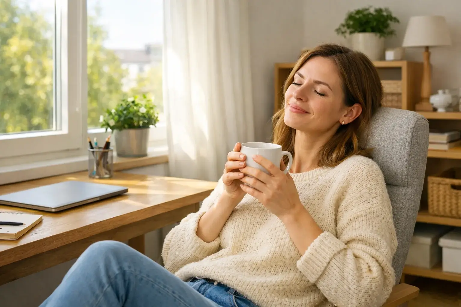 Person macht eine Pause vom Bildschirm mit einer Tasse Tee